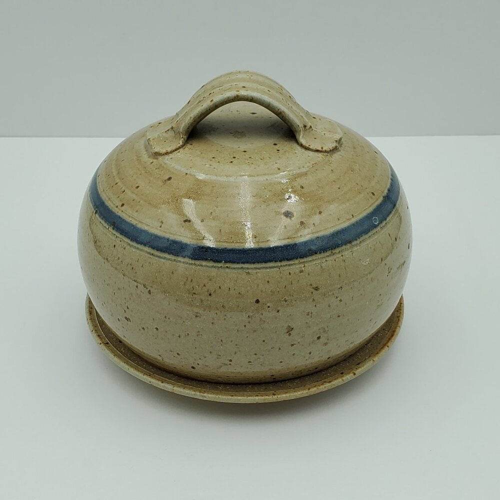 Pottery Covered Cheese Dish Butter Dish Lidded Tan Blue Band Pottery Dish